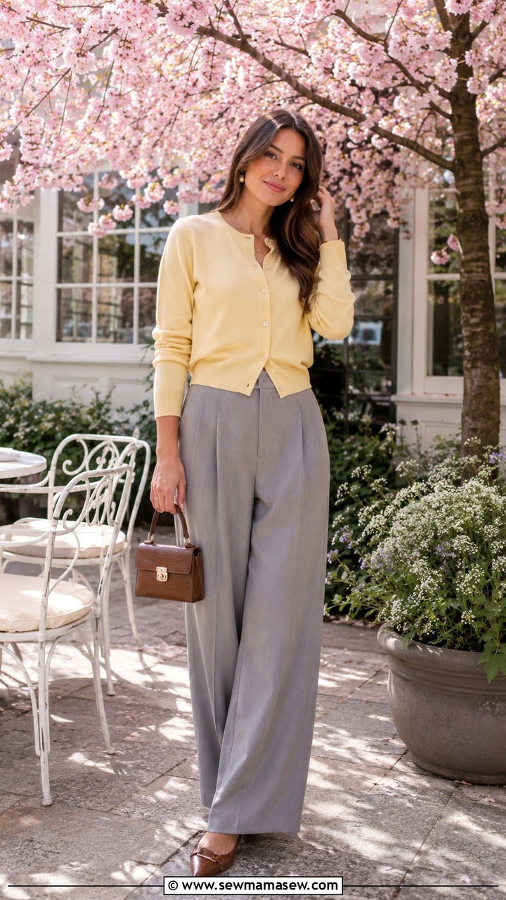 Pastel Cardigan and Tailored Trousers Ensemble - 30 Spring brunch with friends outfits
