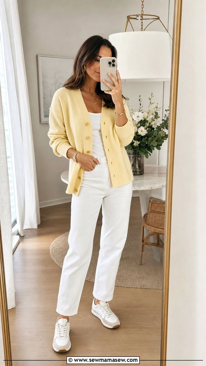 Pastel Cardigan and White Straight Jeans Spring Look - 25 Effortless spring outfit ideas 2026