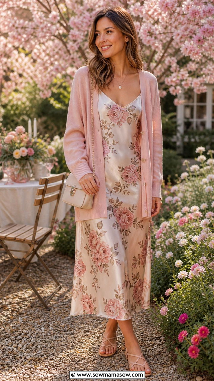 Pastel Cardigan with Floral Slip Dress - 40 Spring garden party outfits
