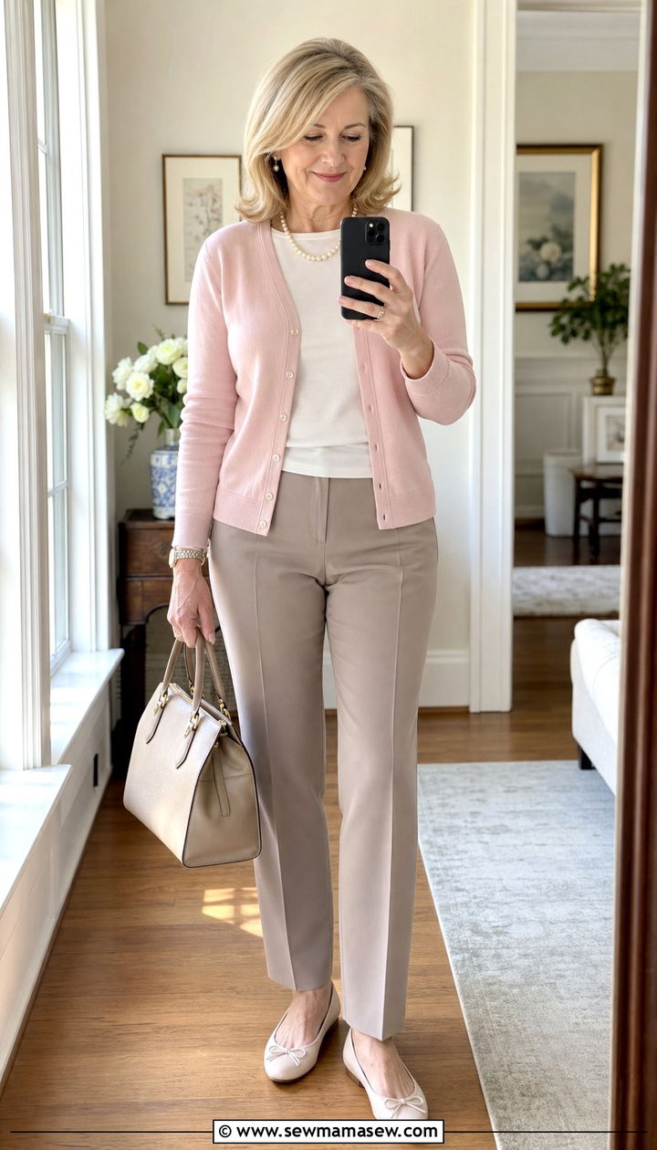 Pastel Cardigan with Pearl Necklace Outfit - 25 Cute outfits for women over 70