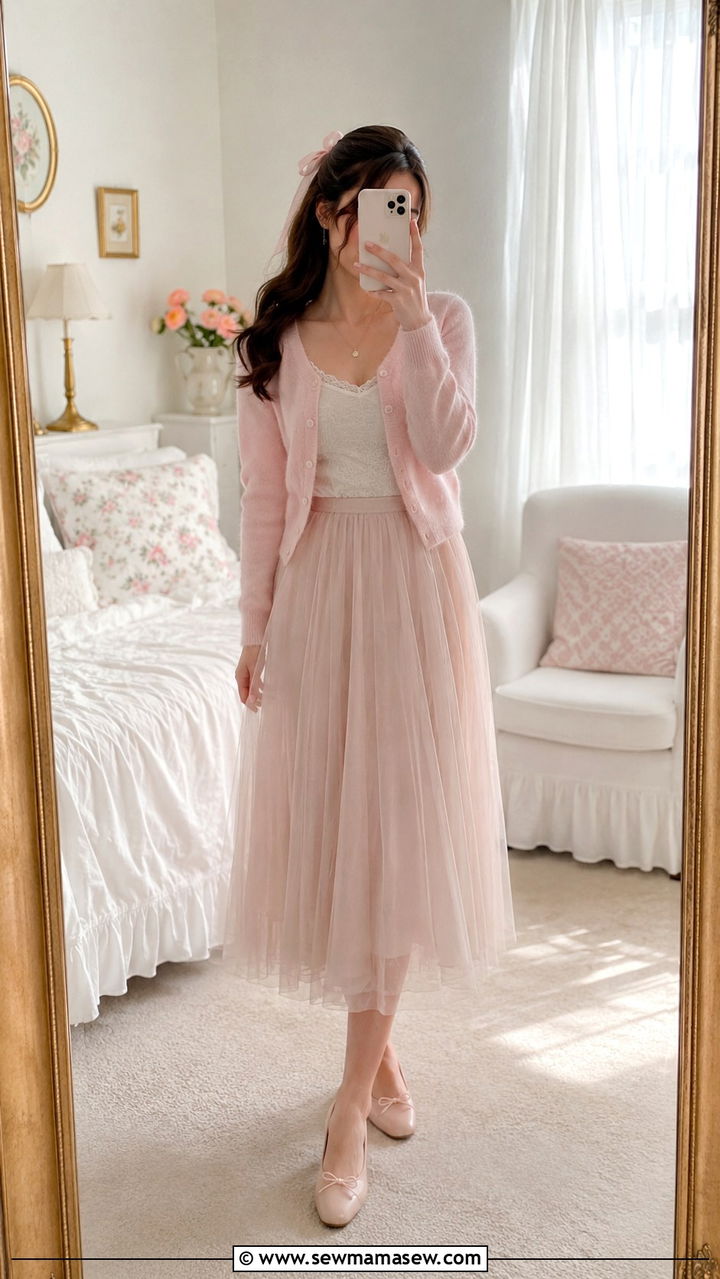 Pastel Cardigan with Tulle Midi Skirt - 30 Romantic academia outfit ideas