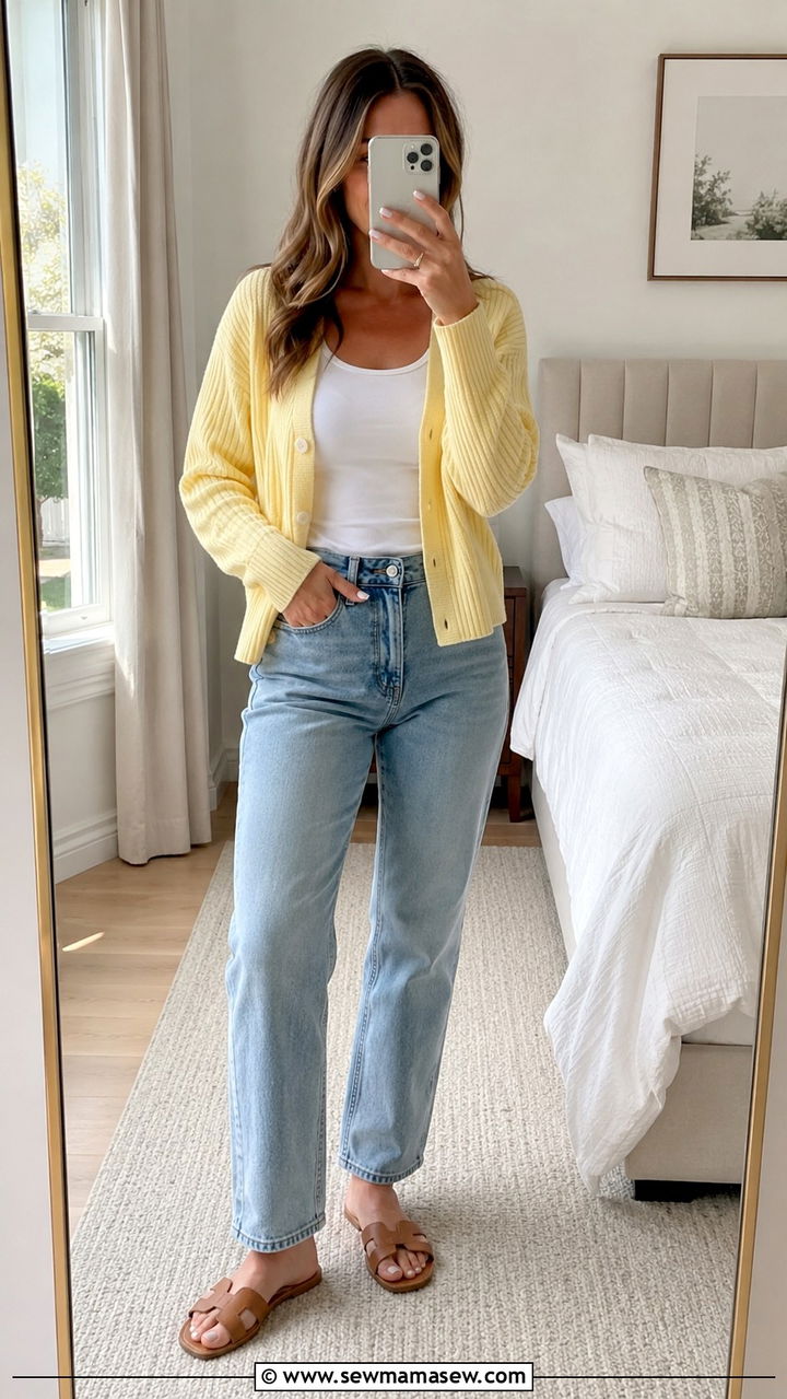 Pastel Cardigan with White Tank and Light Wash Jeans - 30 Spring preppy outfits 2026