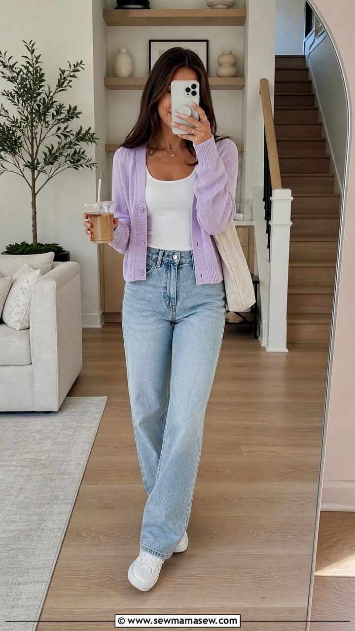 Pastel Cardigan with White Tank and Light Wash Jeans - 40 cute outfits