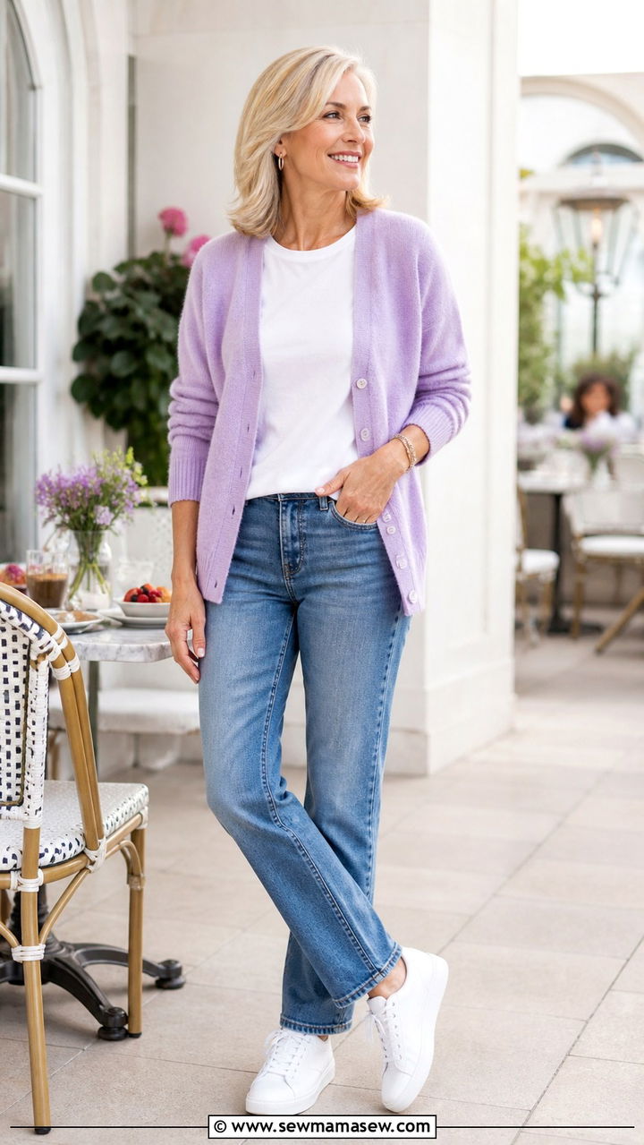 Pastel Cardigan with White Tee and Straight Jeans - 40 Outfit ideas for women over 50