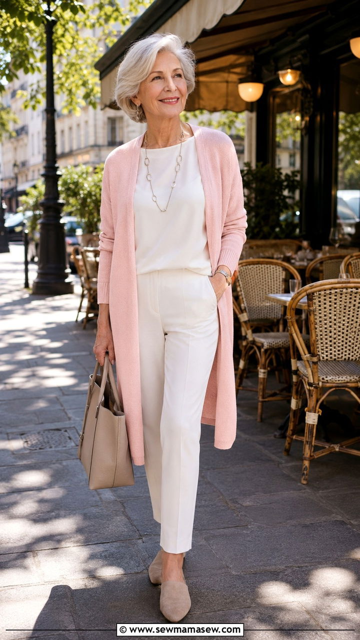Pastel Cardigan with White Trousers Outfit - 30 Parisian outfits for women over 60