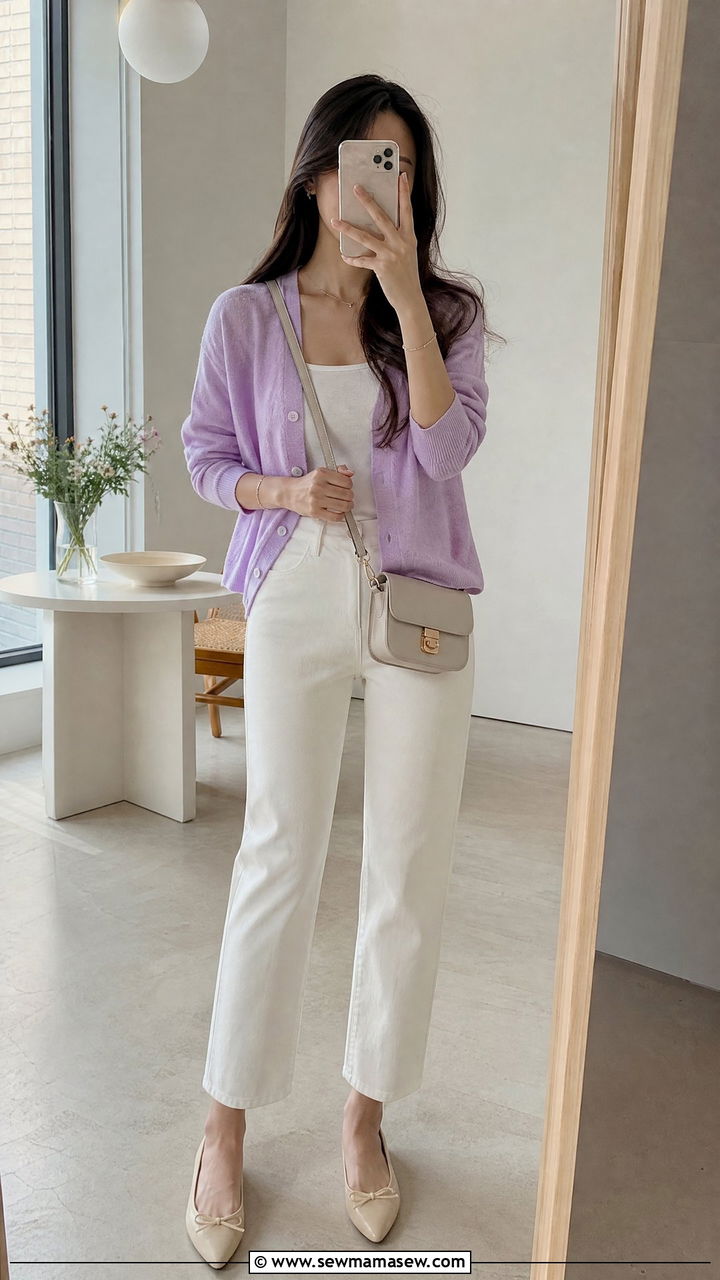 Pastel Cardigan with White Trousers - 30 Modest spring outfits