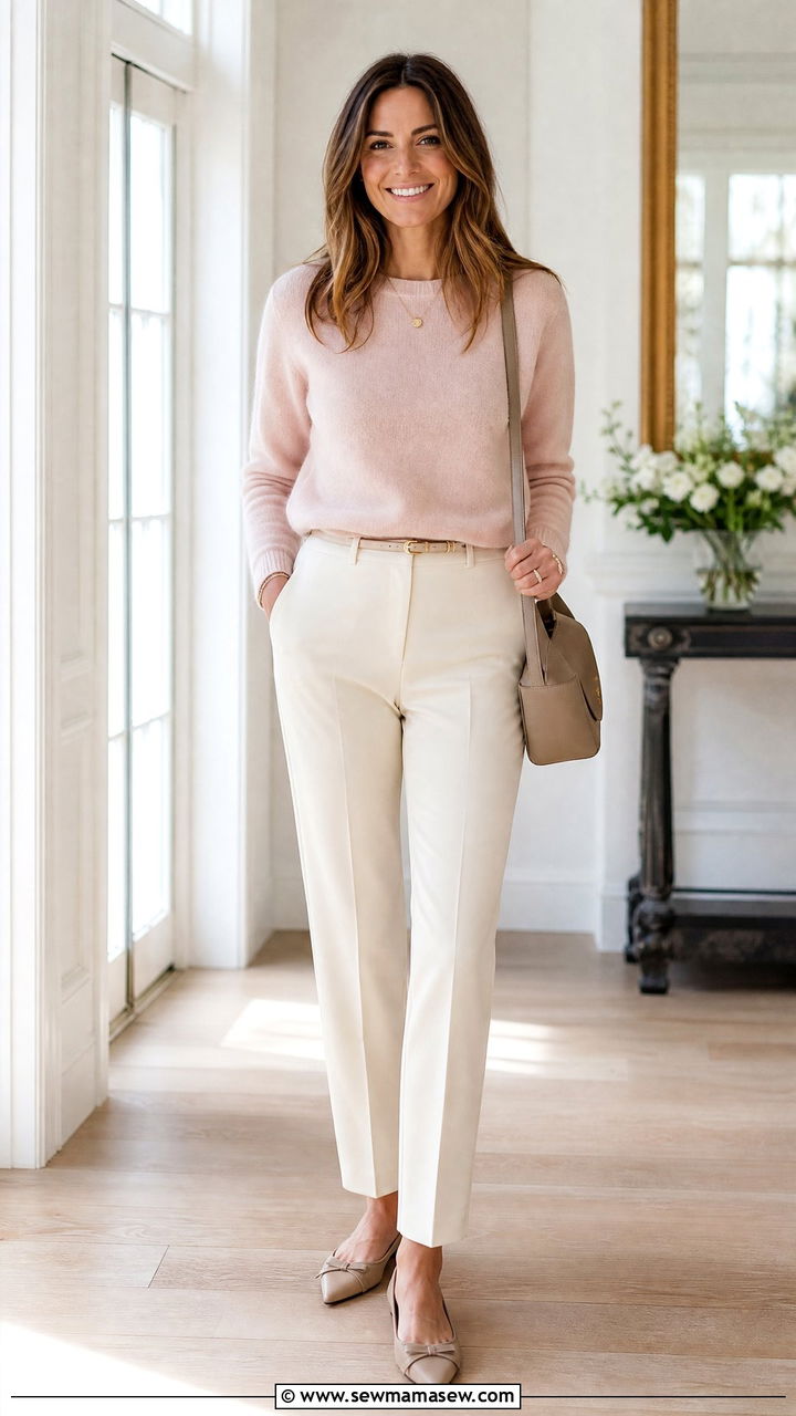 Pastel Cashmere Sweater With Cream Trousers Outfit - 25 March outfit ideas