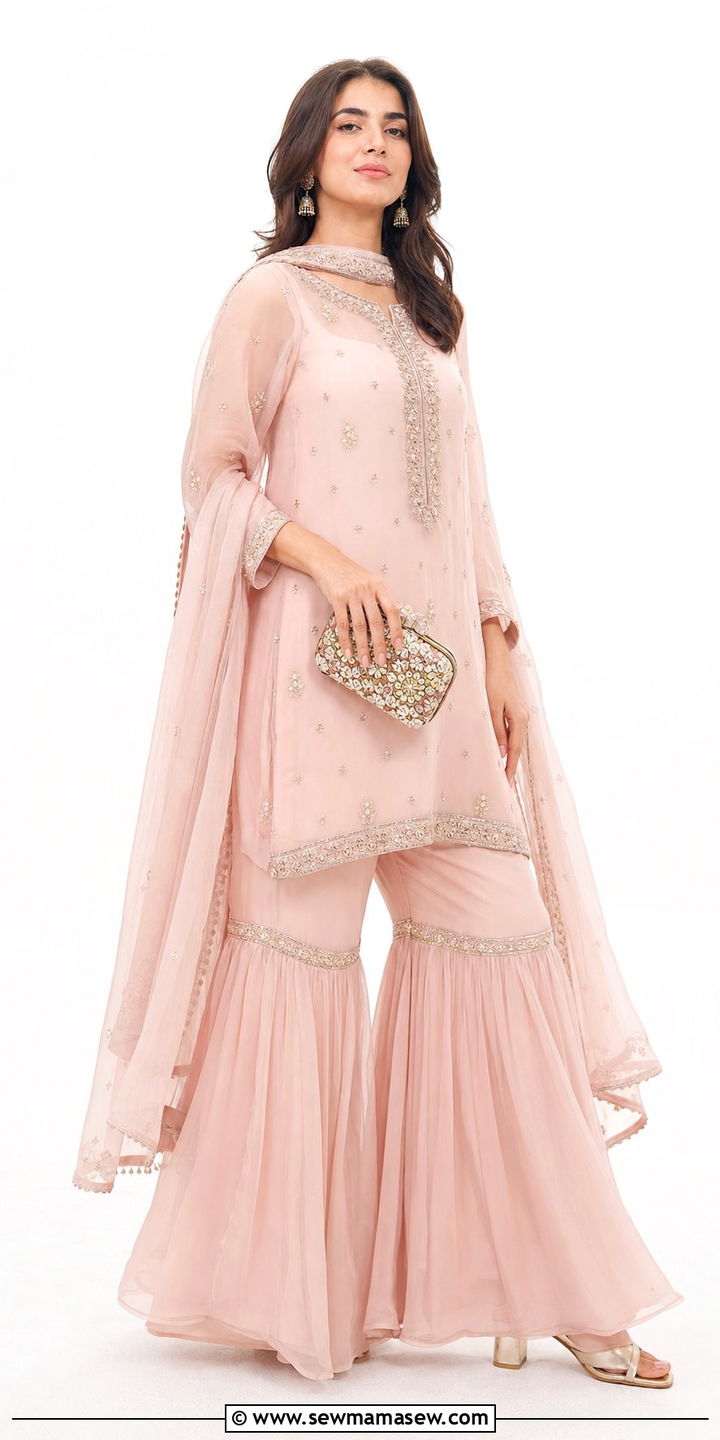 Pastel Chiffon Sharara with Statement Earrings - 25 Eid outfit ideas Pakistani