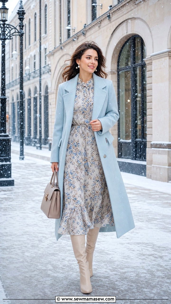 Pastel Coat with Floral Midi Dress and Knee Boots - 25 cute romantic outfits