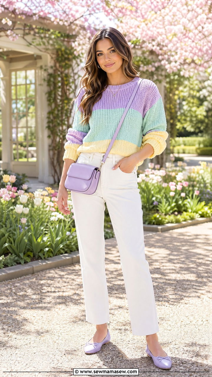 Pastel Color Block Knit and White Jeans Outfit - 35 Dopamine dressing outfit ideas