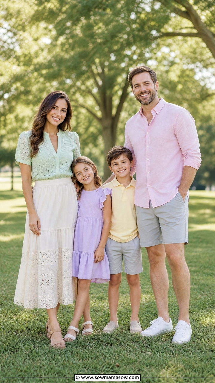 Pastel Coordinated Outfits for Park Family Photos - 30 summer family photoshoot outfit ideas