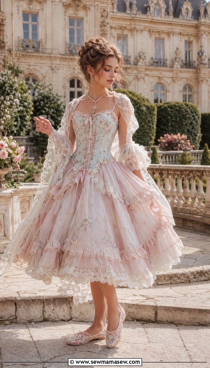 Pastel Corset Top With Full Ruffled Skirt And Lace Shawl - 35 aesthetic outfits for women