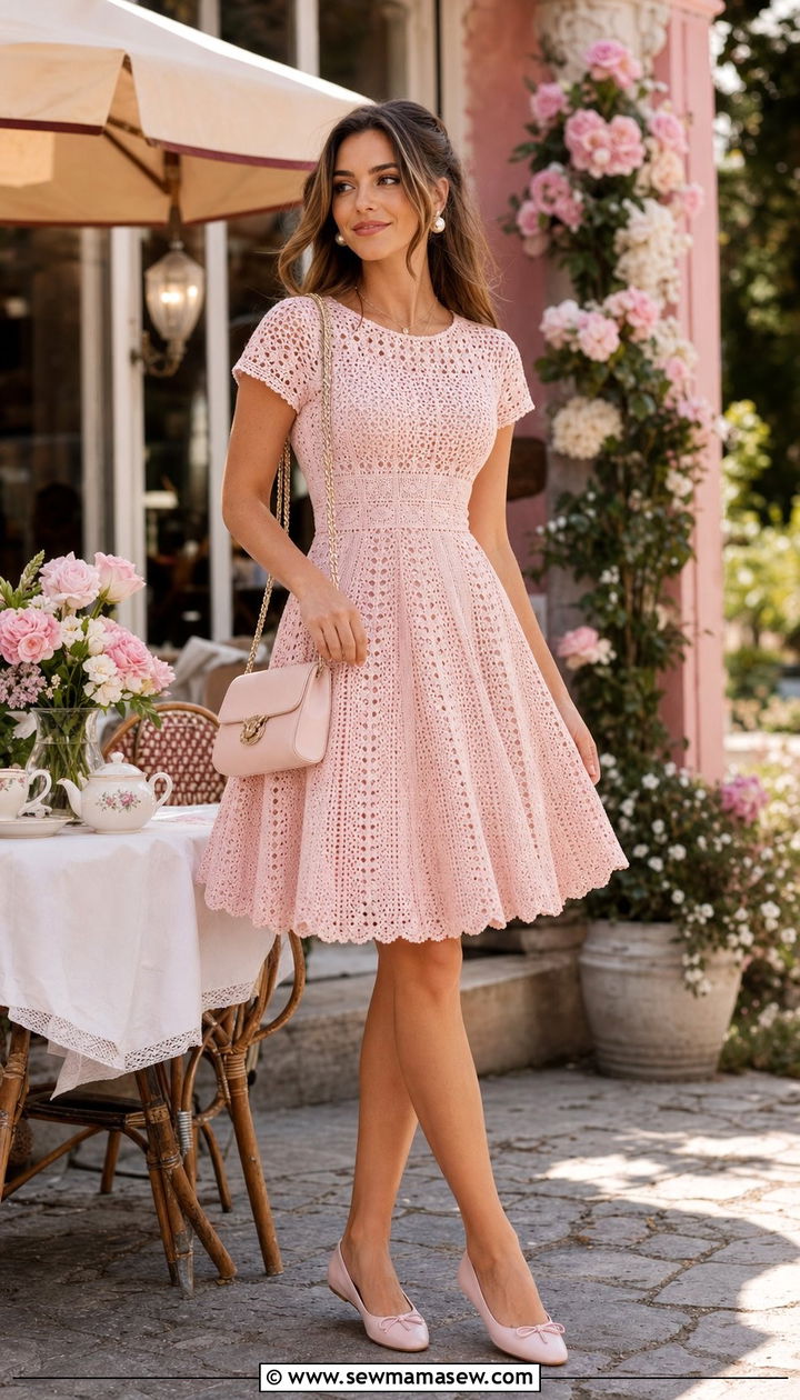 Pastel Crochet Dress with Ballet Flats - 25 spring crochet dress outfit ideas