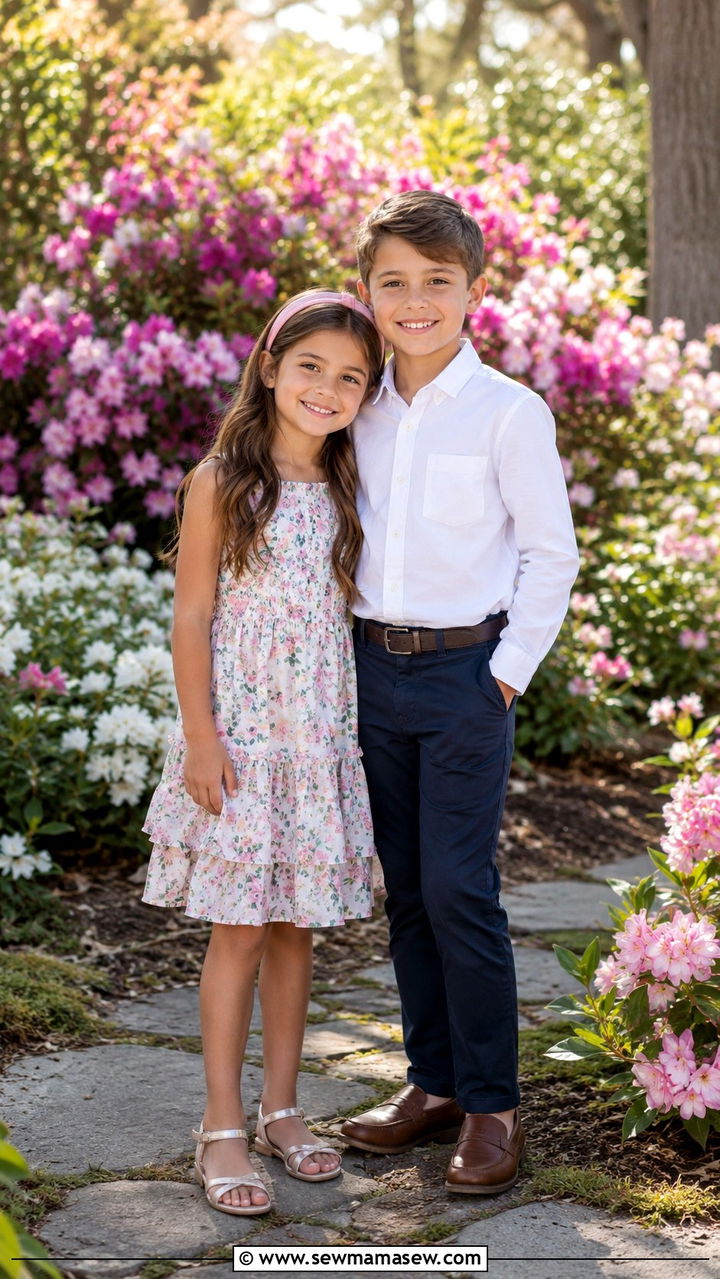 Pastel Floral Dress for Girl and Chinos for Boy Outfit - 30 Kids family photo outfits