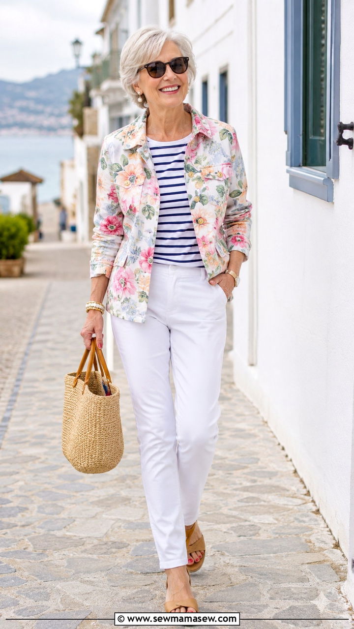 Pastel Floral Jacket With Striped Tee And White Pants - 30 Classy outfits for women over 60