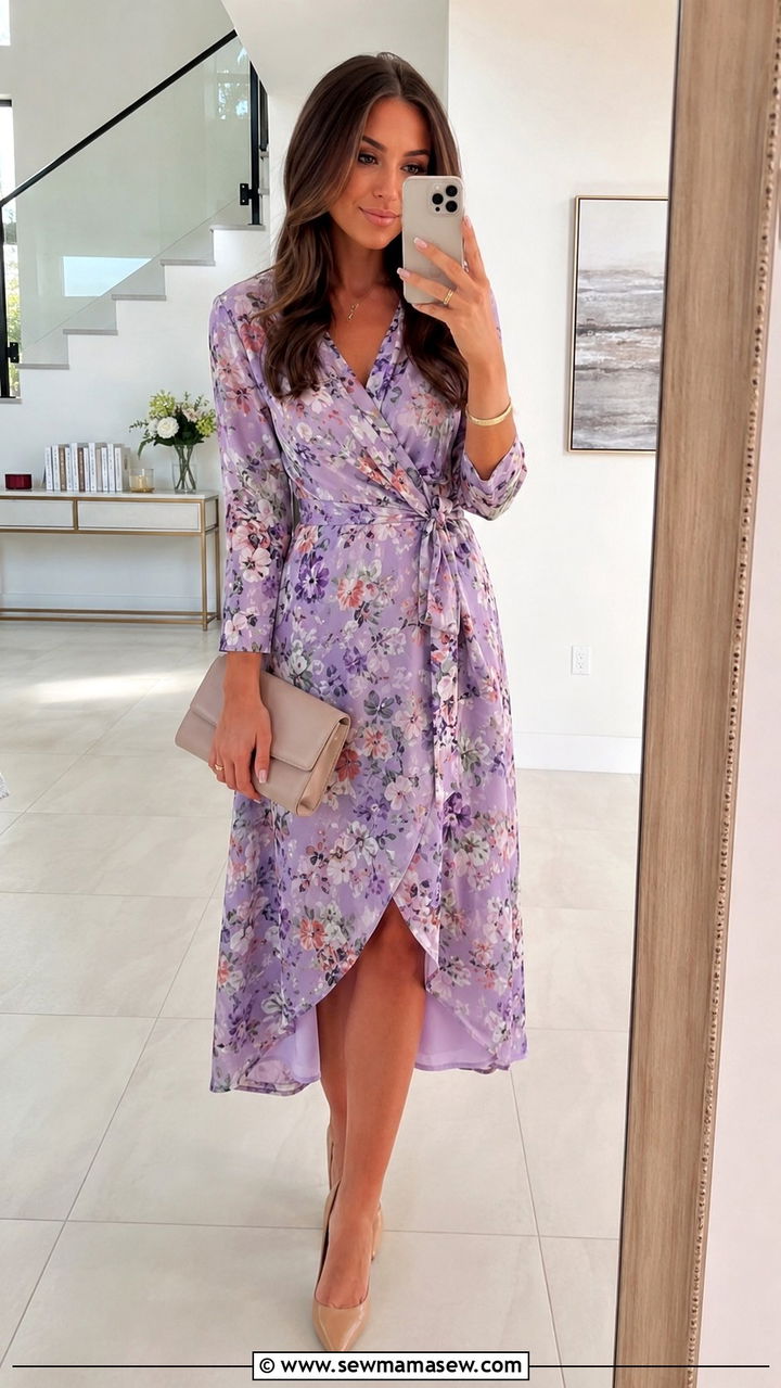 Pastel Floral Wrap Dress With Nude Heels - 25 Wedding guest outfit ideas floral dress 2026