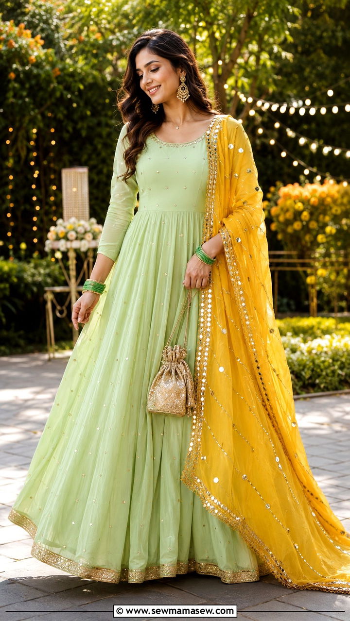 Pastel Green Anarkali With Contrast Yellow Dupatta - 20 Wedding guest outfit ideas Haldi ceremony