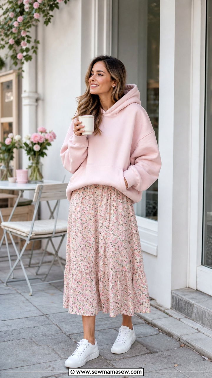 Pastel Hoodie and Floral Skirt - 25 cute cute outfits