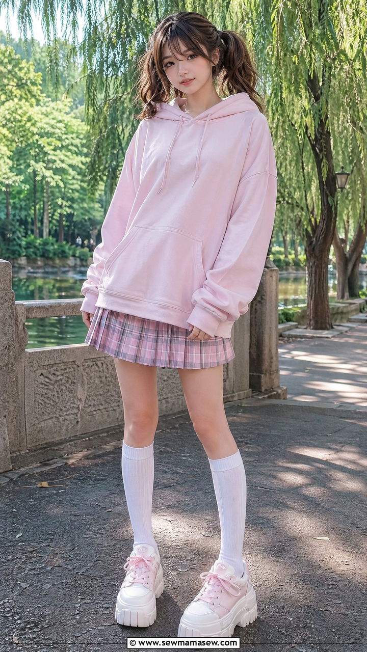 Pastel Hoodie with Plaid Skirt - 35 E-girl outfit ideas
