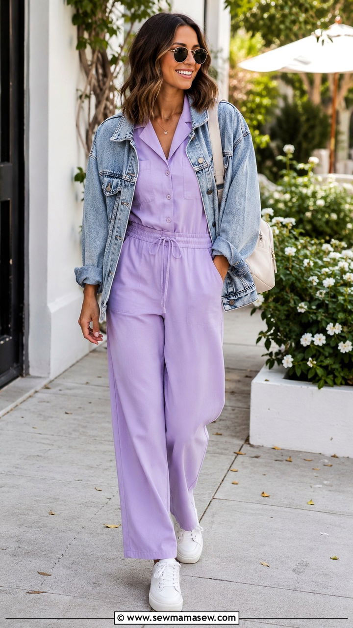 Pastel Jumpsuit With Denim Jacket - 30 How to style a jumpsuit in spring