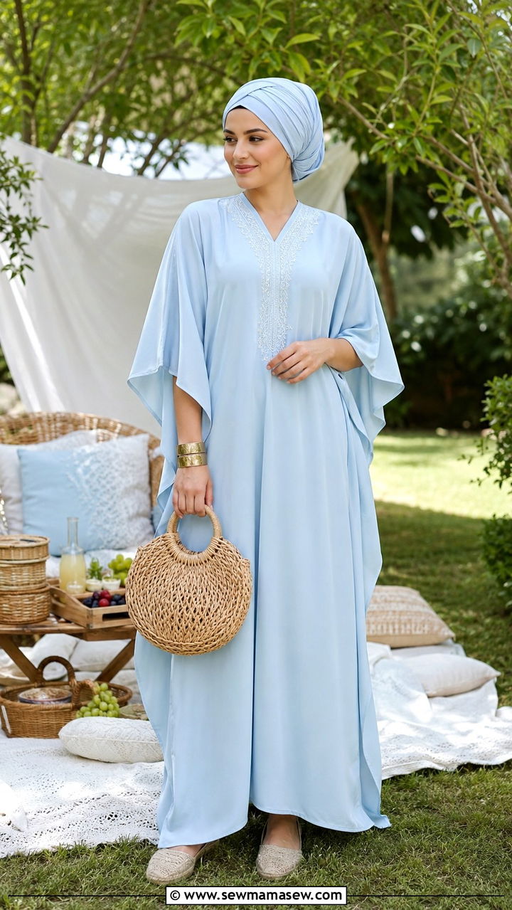 Pastel Kaftan With Turban Style Hijab And Sandals - 20 April Eid outfit ideas