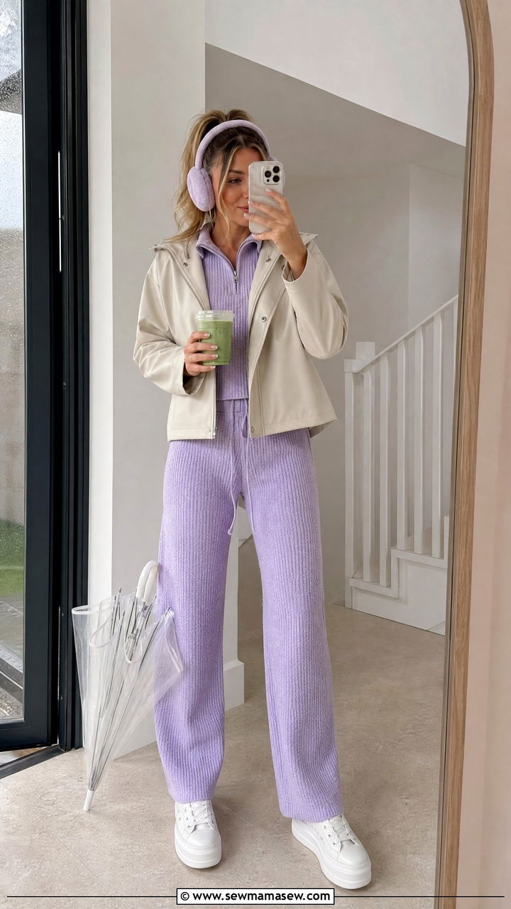 Pastel Knit Lounge Set with Fuzzy Accessories - 25 rainy day outfits aesthetic
