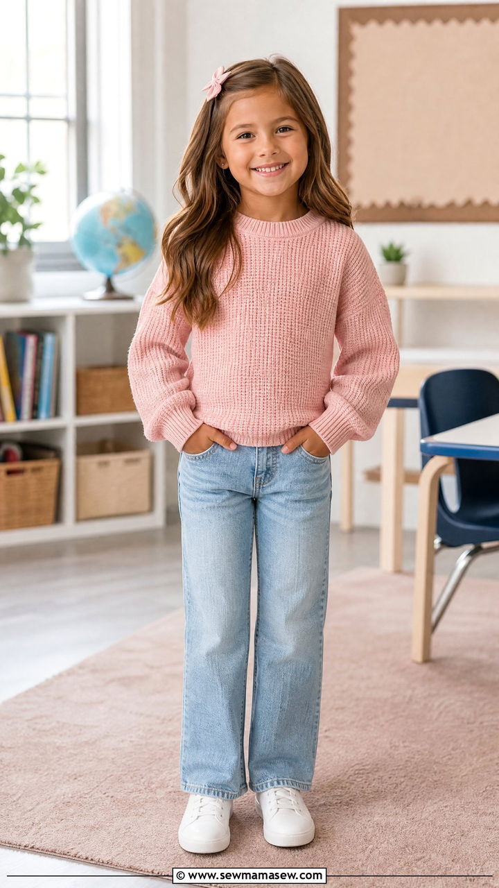 Pastel Knit Sweater With Straight Leg Jeans - 30 Elementary school picture day outfit ideas