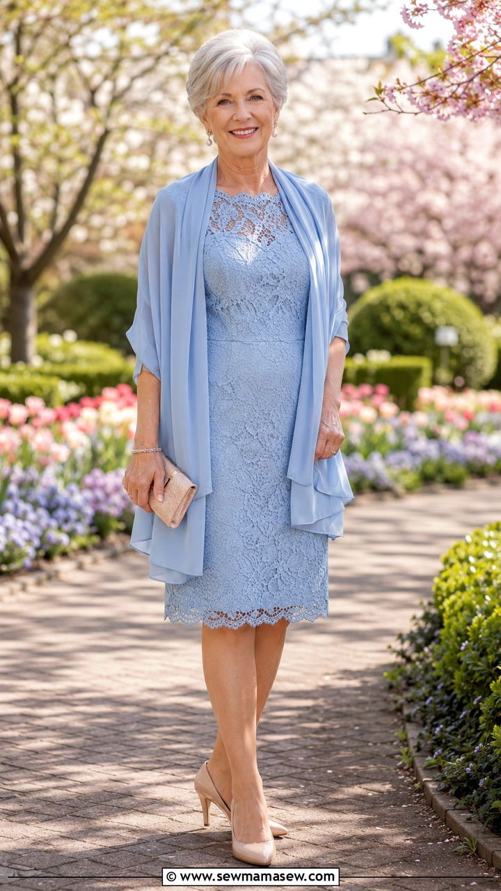 Pastel Lace Dress With Coordinating Shawl - 20 Wedding guest outfit ideas for 70 year old