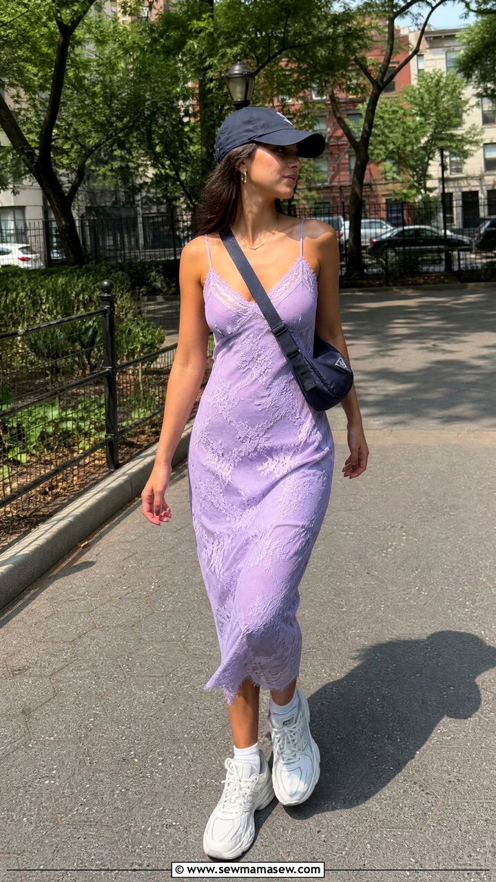 Pastel Lace Slip Dress with Chunky Sneakers and Baseball Cap - 25 Lace dress outfit ideas 2026