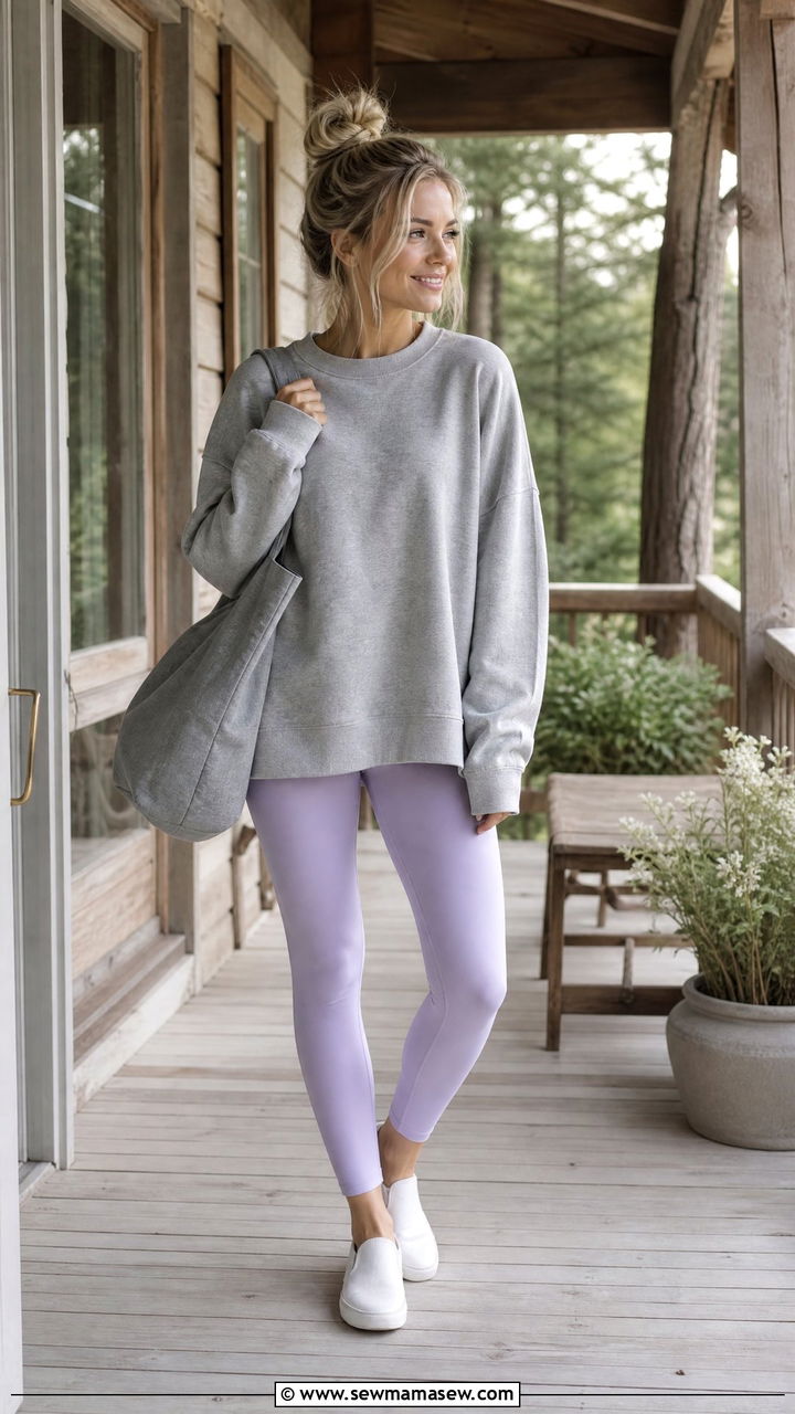 Pastel Lavender Leggings With Grey Oversized Sweatshirt - 30 Summer outfits with leggings