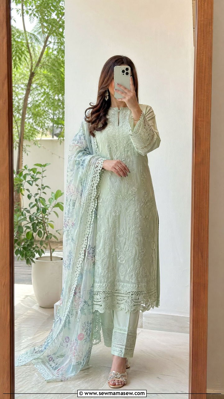 Pastel Lawn Suit with Lace Embellishments - 35 Eid outfit ideas for moms