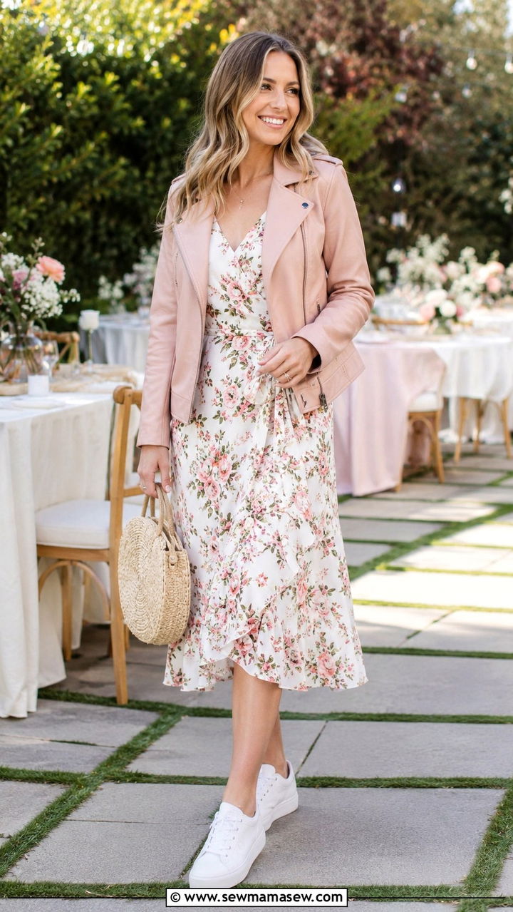 Pastel Leather Jacket and Floral Midi Dress Outfit - 30 Spring leather outfits