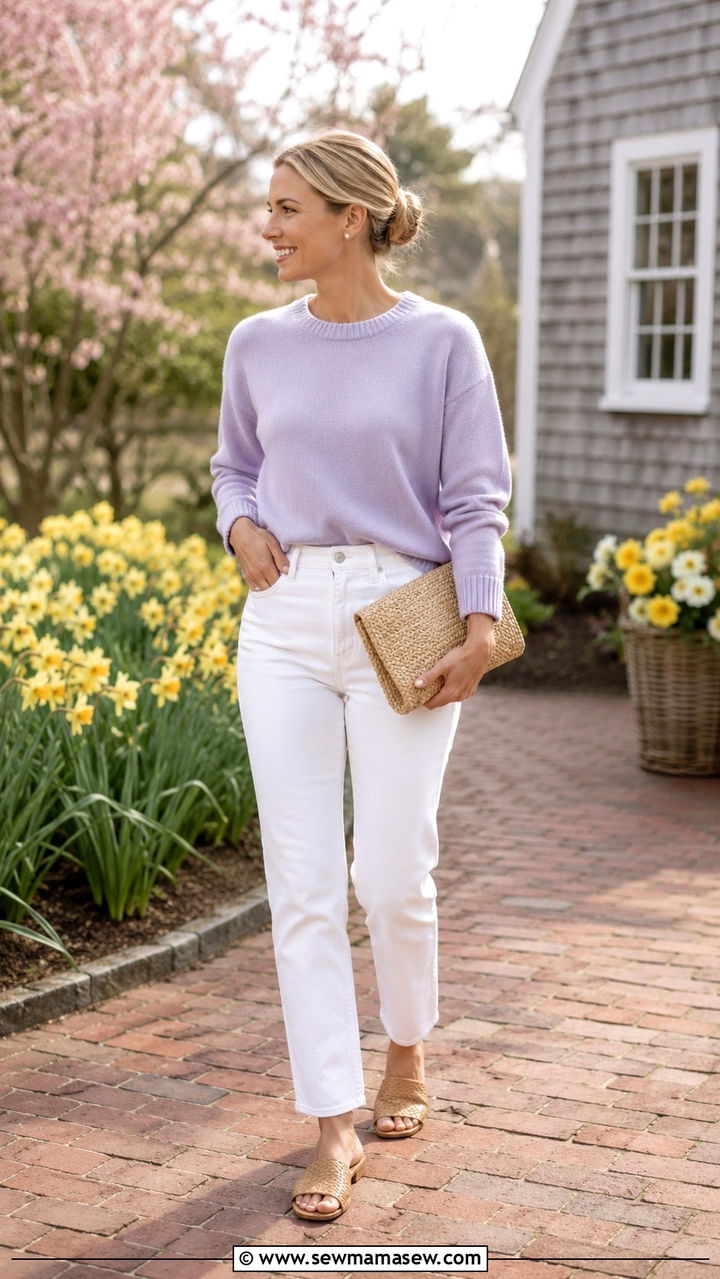 Pastel Lilac Sweater With White Jeans And Raffia Flats - 30 Old money outfit ideas for Nantucket