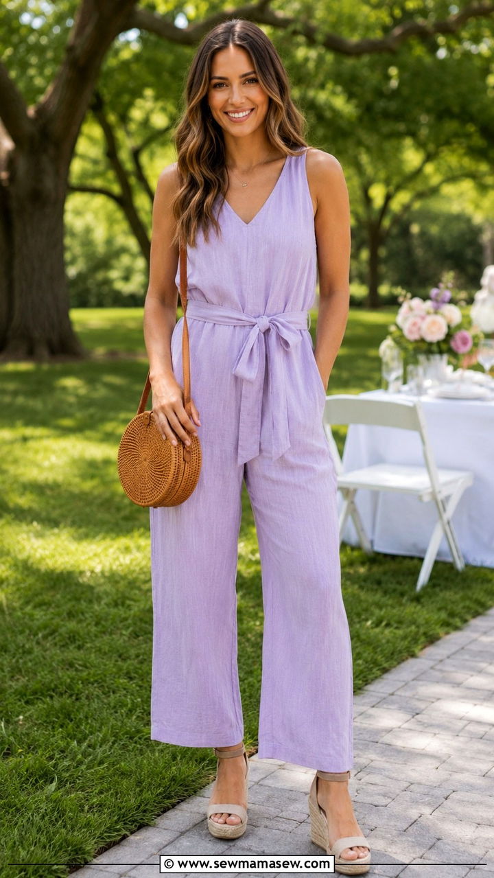 Pastel Linen Jumpsuit With Espadrille Wedges - 25 seasonal baby shower outfit ideas