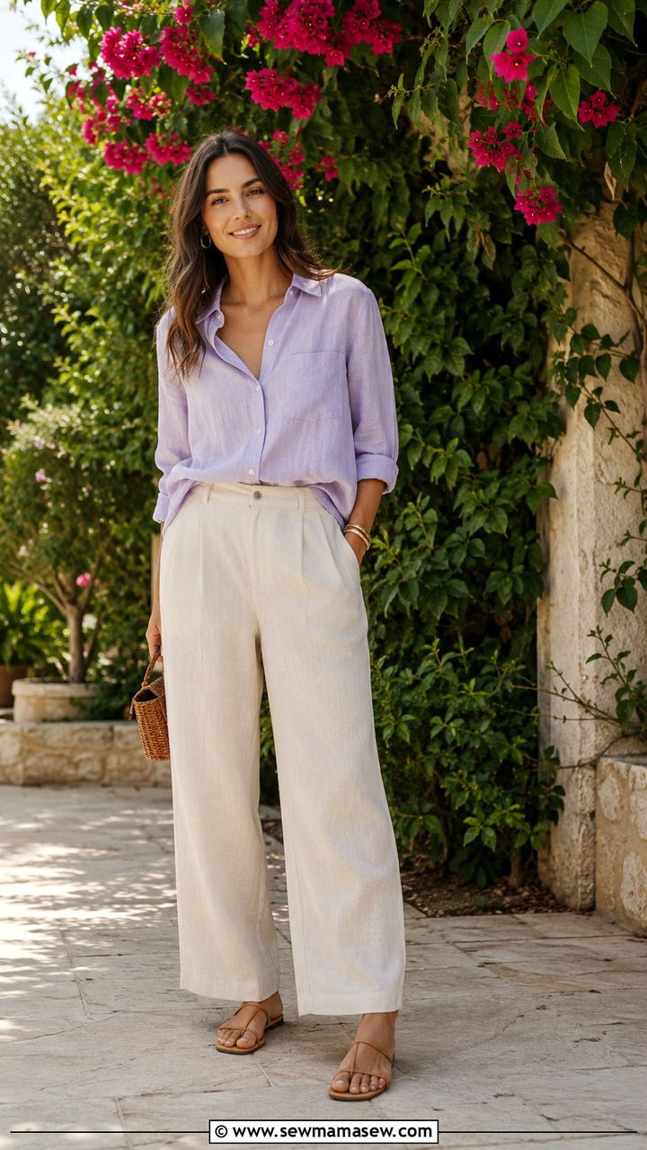 Pastel Linen Shirt With Wide Leg Trousers And Strappy Sandals - 20 Profile photo outfit ideas