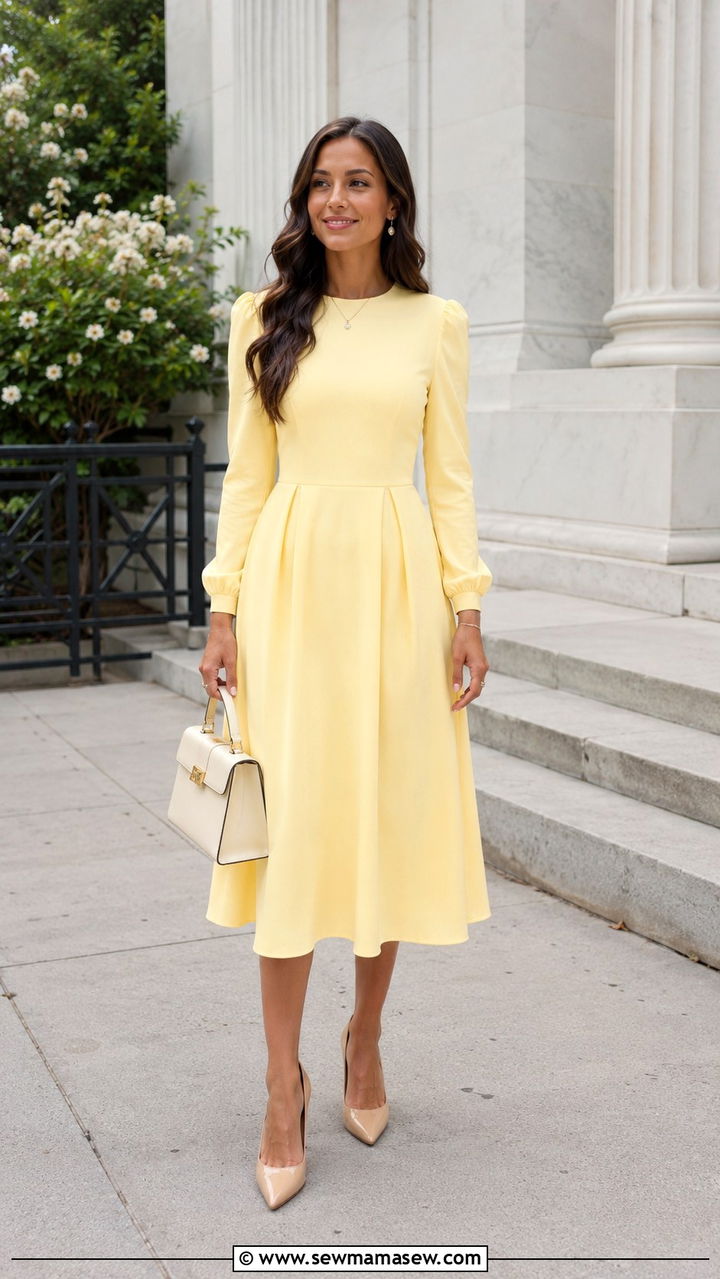 Pastel Long Sleeve Dress With Nude Pumps - 30 modest graduation outfit ideas