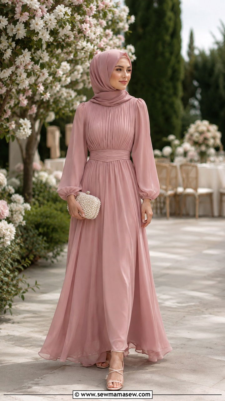 Pastel Maxi Dress With Matching Hijab - 30 Modest wedding guest outfit ideas with hijab