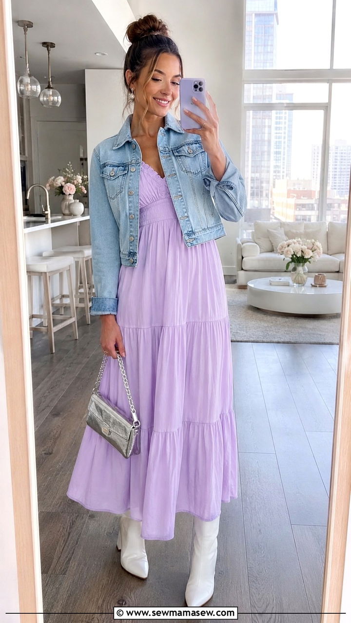 Pastel Maxi Dress with White Ankle Boots - 30 Spring outfits with maxi dresses