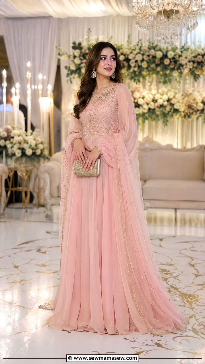 Pastel Maxi Gown With Net Dupatta - 25 Modest outfit ideas for Walima