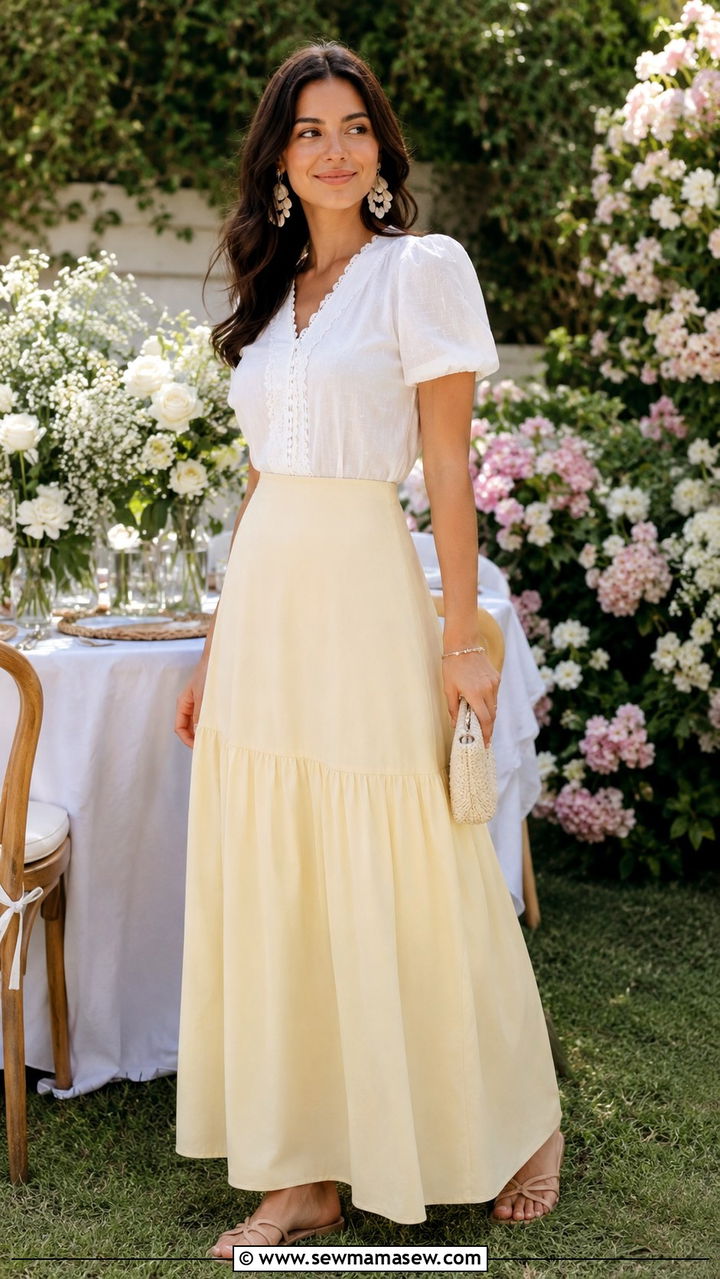 Pastel Maxi Skirt With A White Blouse - 30 Modest summer outfit ideas