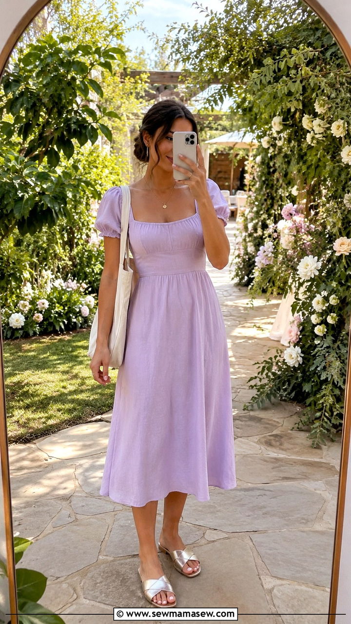 Pastel Midi Dress With Flat Slide Sandals - 25 Wedding guest outfit ideas with kids in tow
