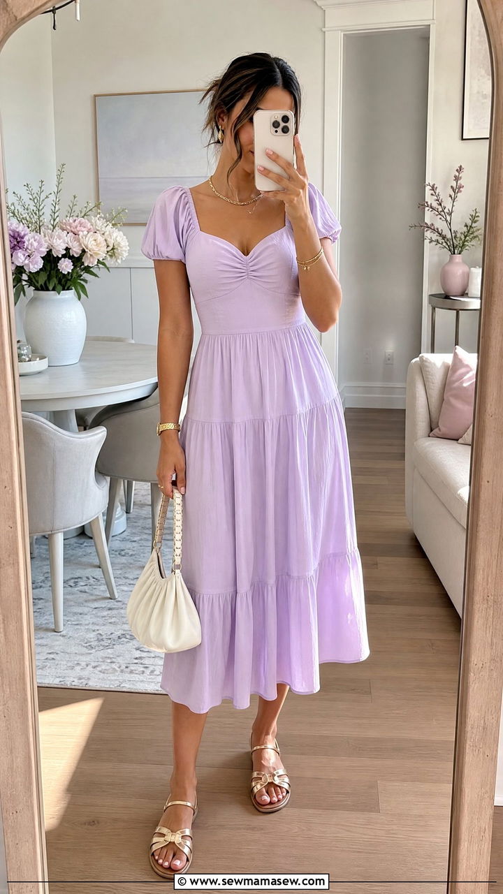 Pastel Midi Dress With Metallic Sandals - 30 Midi dress for brunch outfit ideas