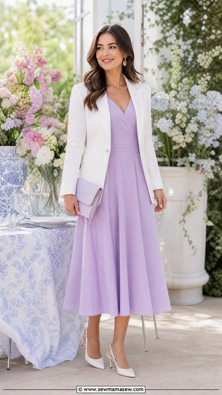 Pastel Midi Dress With White Blazer - 30 Midi dress with blazer outfit ideas