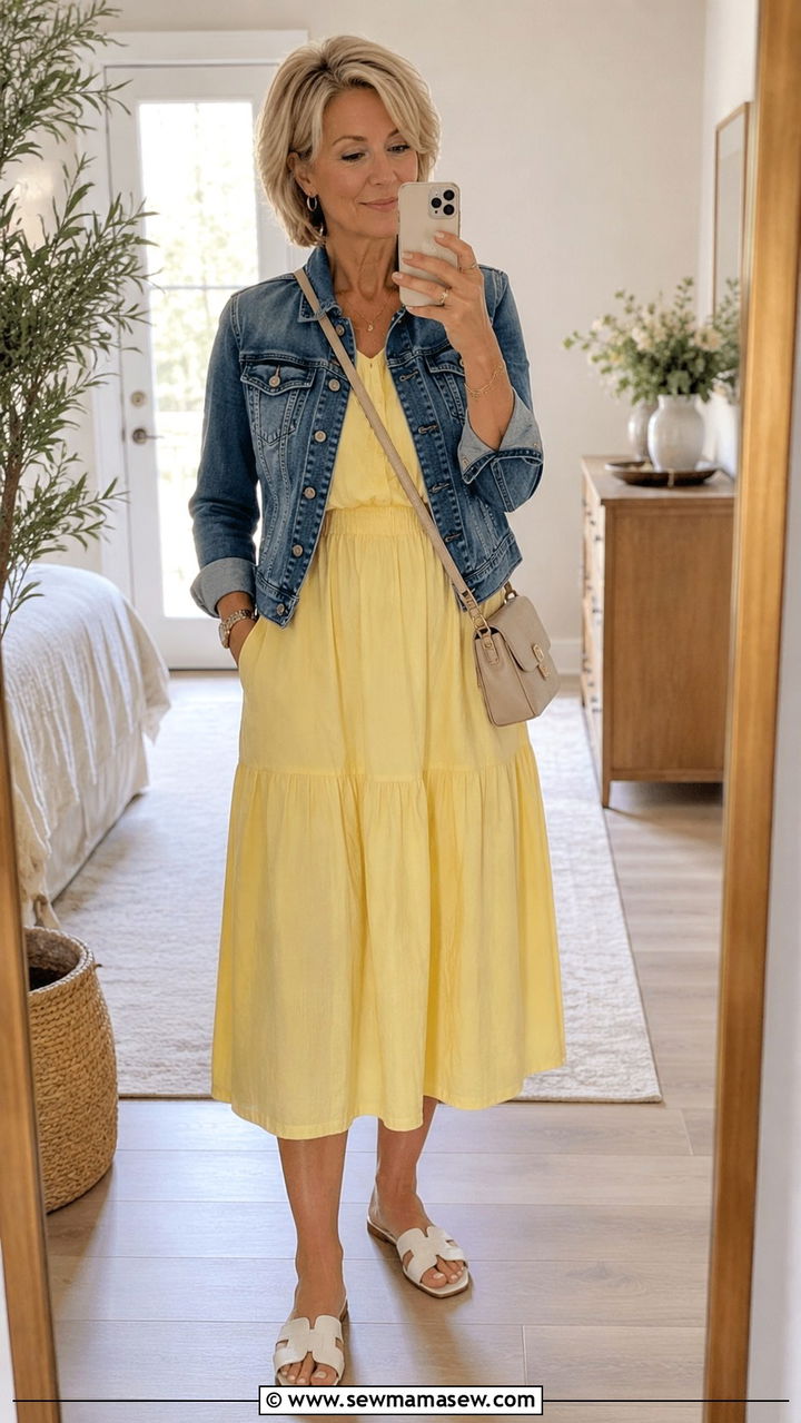 Pastel Midi Dress With a Denim Jacket - 25 Outfit ideas for women over 50 casual 2026