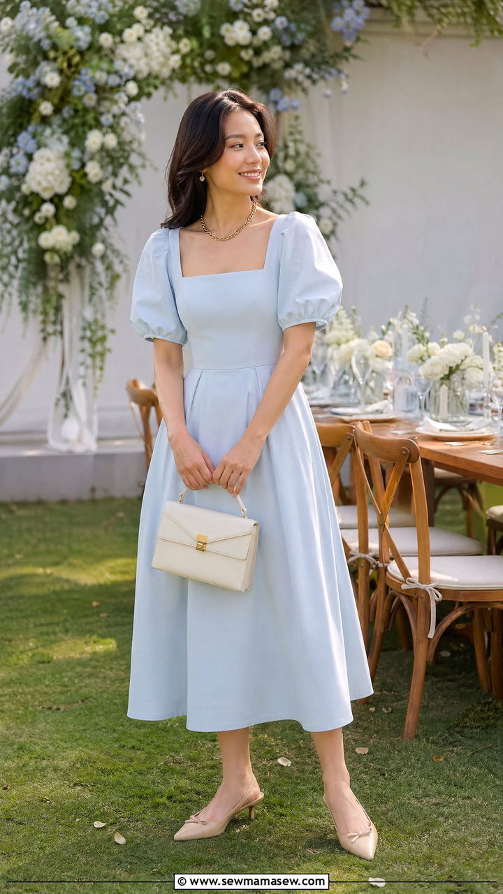 Pastel Midi Dress for Garden Ceremony - 35 Destination wedding guest outfit ideas