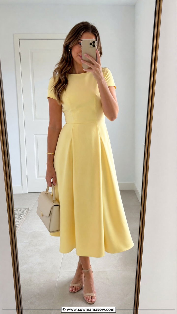 Pastel Midi Dress with Block Heels Wedding Outfit - 30 classy summer wedding guest outfit ideas