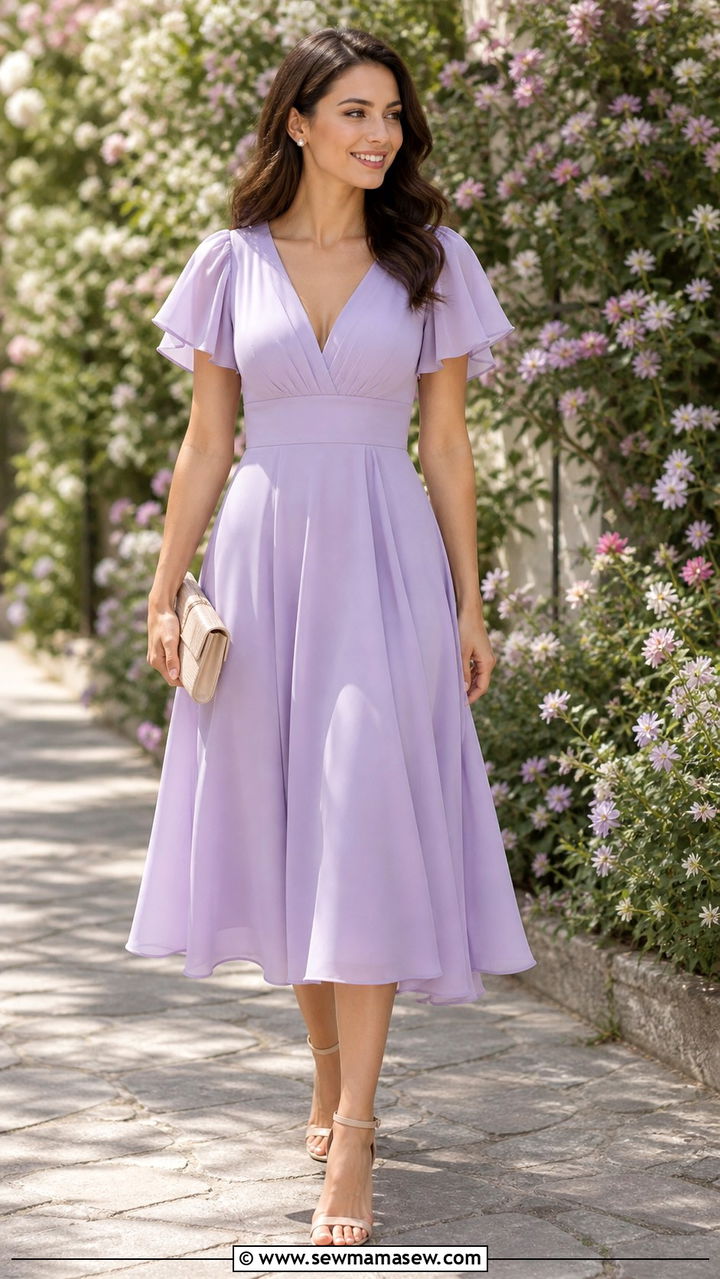 Pastel Midi Dress with Nude Heels - 40 Wedding guest outfit ideas