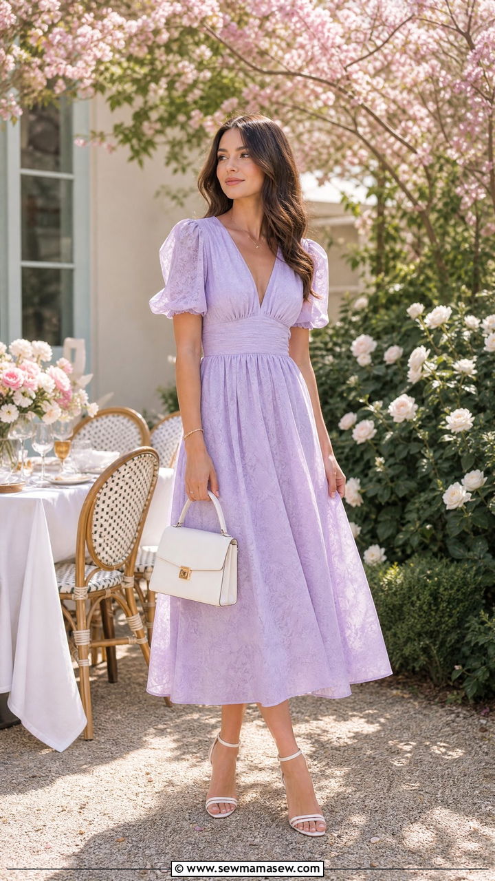 Pastel Midi Dress with White Accessories - 25 Brunch outfit ideas with a midi dress