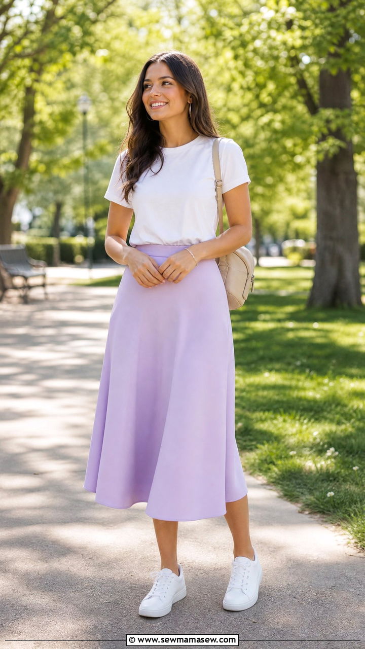 Pastel Midi Skirt Outfit with White Sneakers - 30 Summer outfits with midi skirts
