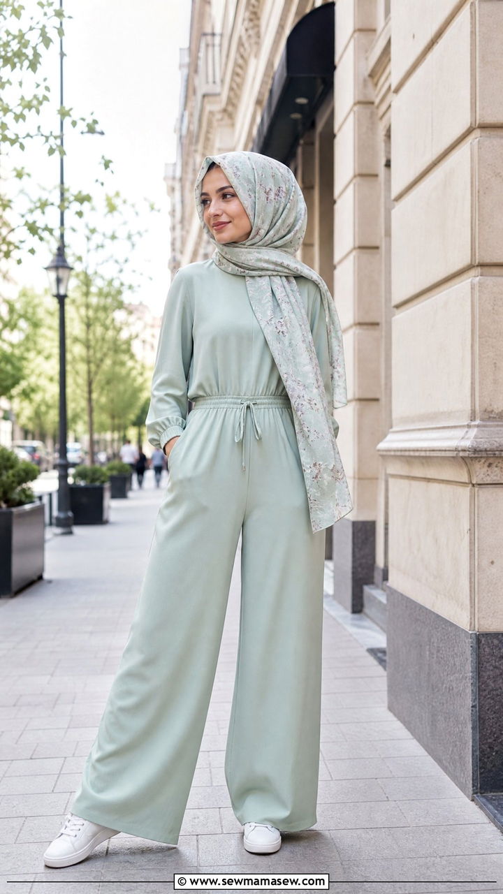 Pastel Mint Wide Leg Jumpsuit With White Sneakers - 25 March Ramadan outfit ideas